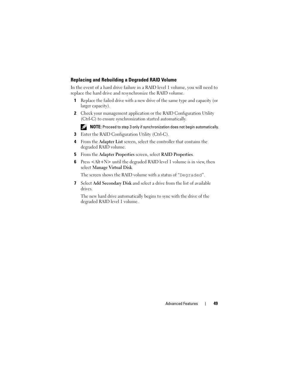 Replacing and rebuilding a degraded raid volume | Dell Precision T7400 (Late 2007) User Manual | Page 49 / 307