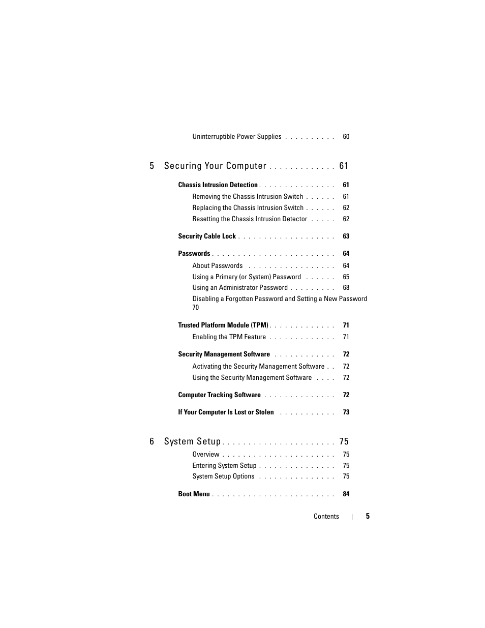 5 securing your computer, 6 system setup | Dell Precision T7400 (Late 2007) User Manual | Page 5 / 307