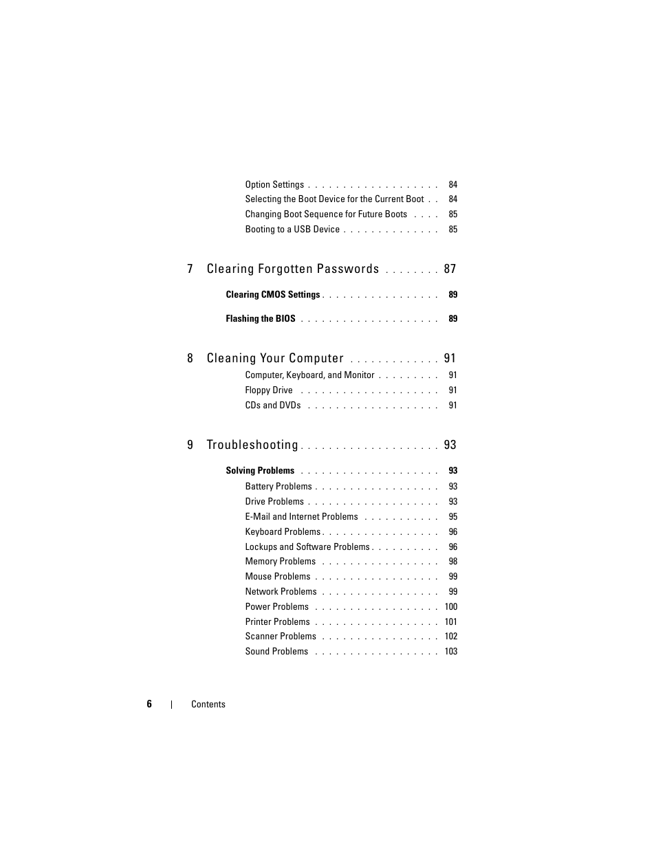 7 clearing forgotten passwords, 8 cleaning your computer, 9 troubleshooting | Dell Precision T7400 (Late 2007) User Manual | Page 6 / 307