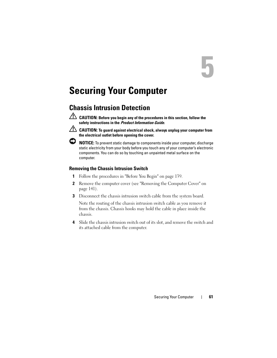 Securing your computer, Chassis intrusion detection, Removing the chassis intrusion switch | Dell Precision T7400 (Late 2007) User Manual | Page 61 / 307
