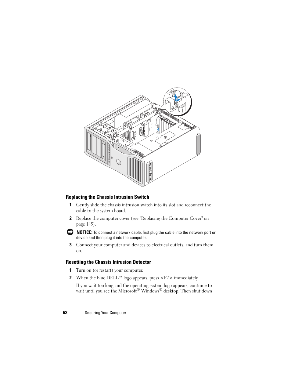 Replacing the chassis intrusion switch, Resetting the chassis intrusion detector | Dell Precision T7400 (Late 2007) User Manual | Page 62 / 307
