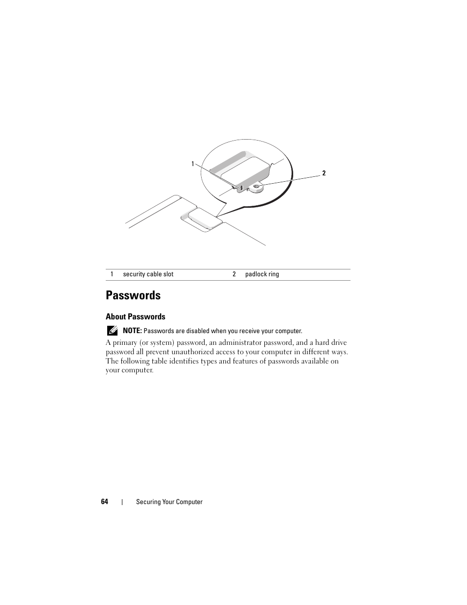 Passwords, About passwords | Dell Precision T7400 (Late 2007) User Manual | Page 64 / 307