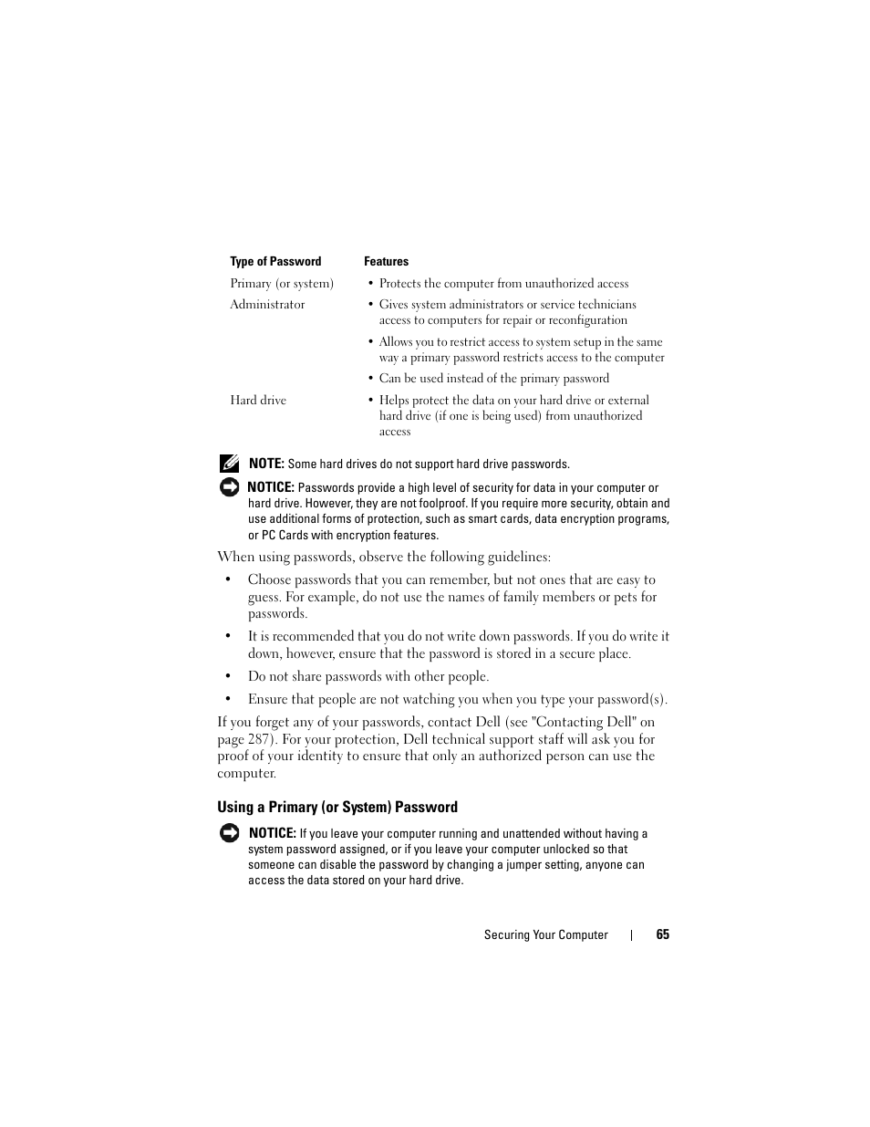 Using a primary (or system) password | Dell Precision T7400 (Late 2007) User Manual | Page 65 / 307