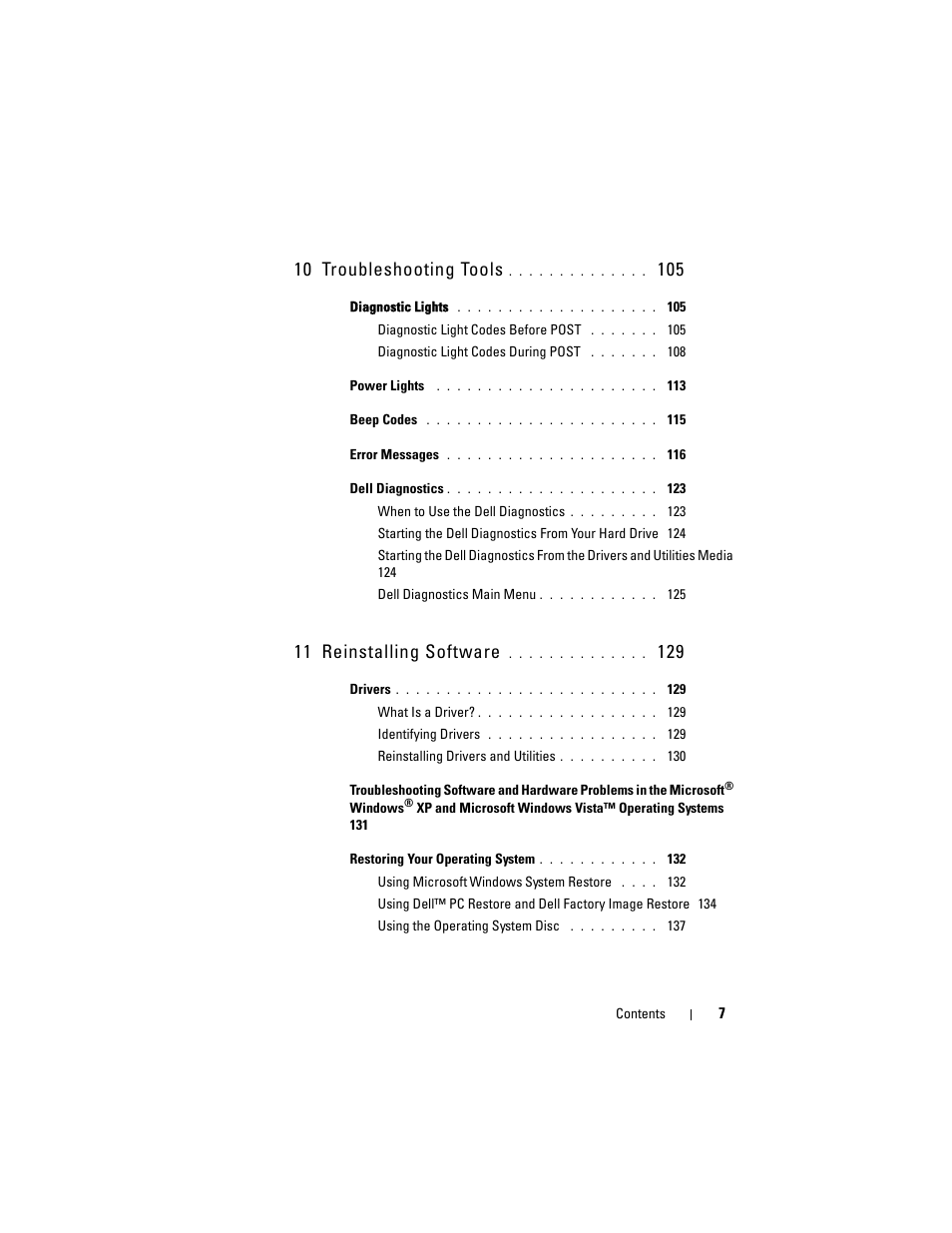 10 troubleshooting tools, 11 reinstalling software | Dell Precision T7400 (Late 2007) User Manual | Page 7 / 307