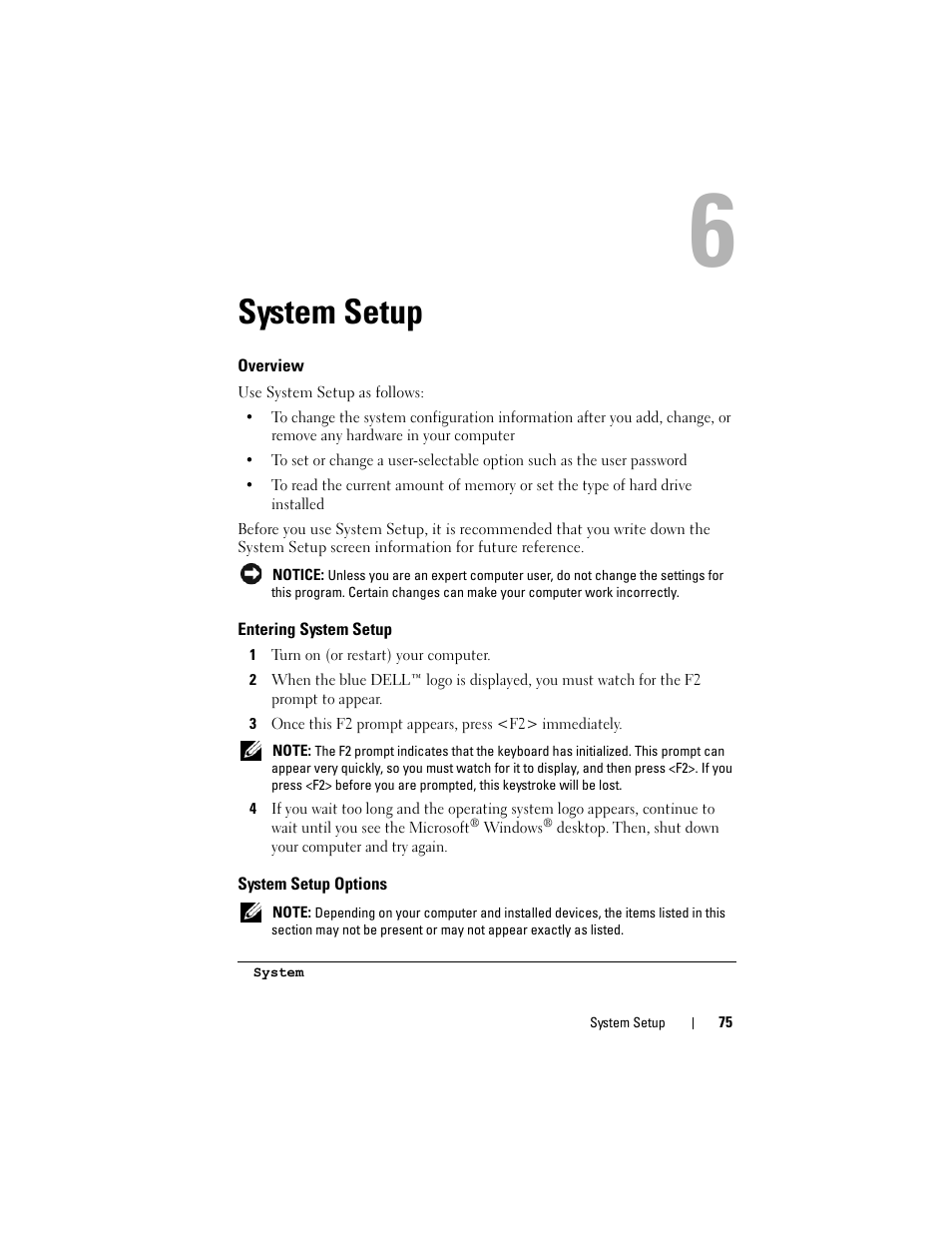 System setup, Overview, Entering system setup | System setup options | Dell Precision T7400 (Late 2007) User Manual | Page 75 / 307