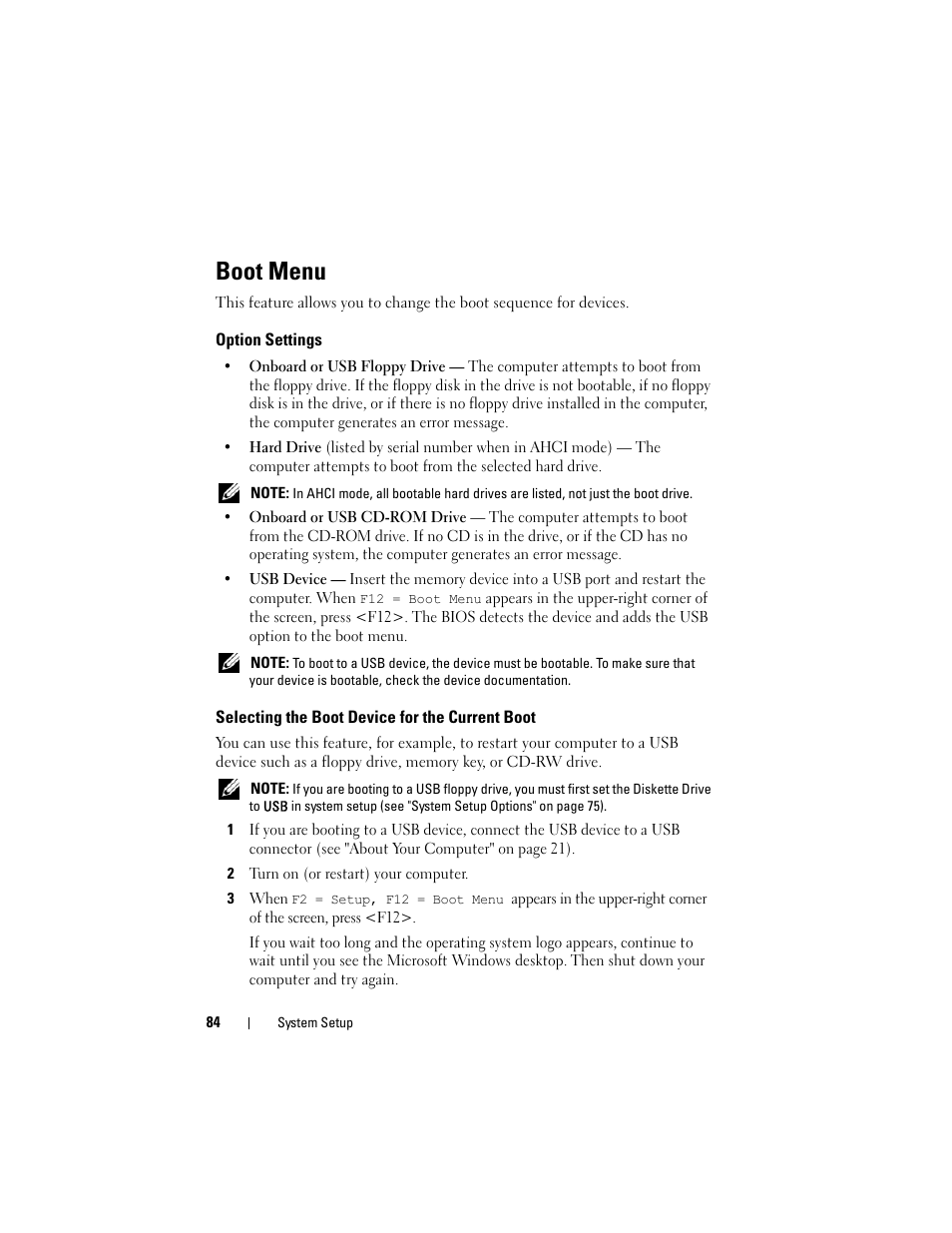 Boot menu, Option settings, Selecting the boot device for the current boot | Dell Precision T7400 (Late 2007) User Manual | Page 84 / 307