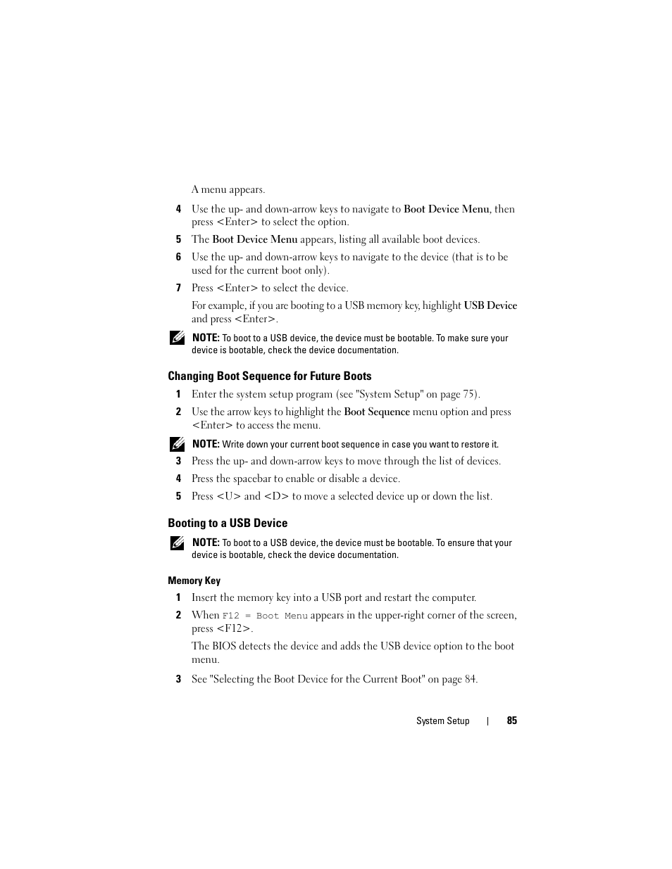 Changing boot sequence for future boots, Booting to a usb device | Dell Precision T7400 (Late 2007) User Manual | Page 85 / 307