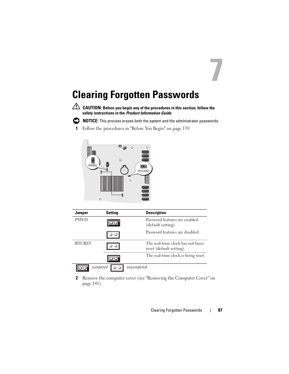 Clearing forgotten passwords | Dell Precision T7400 (Late 2007) User Manual | Page 87 / 307