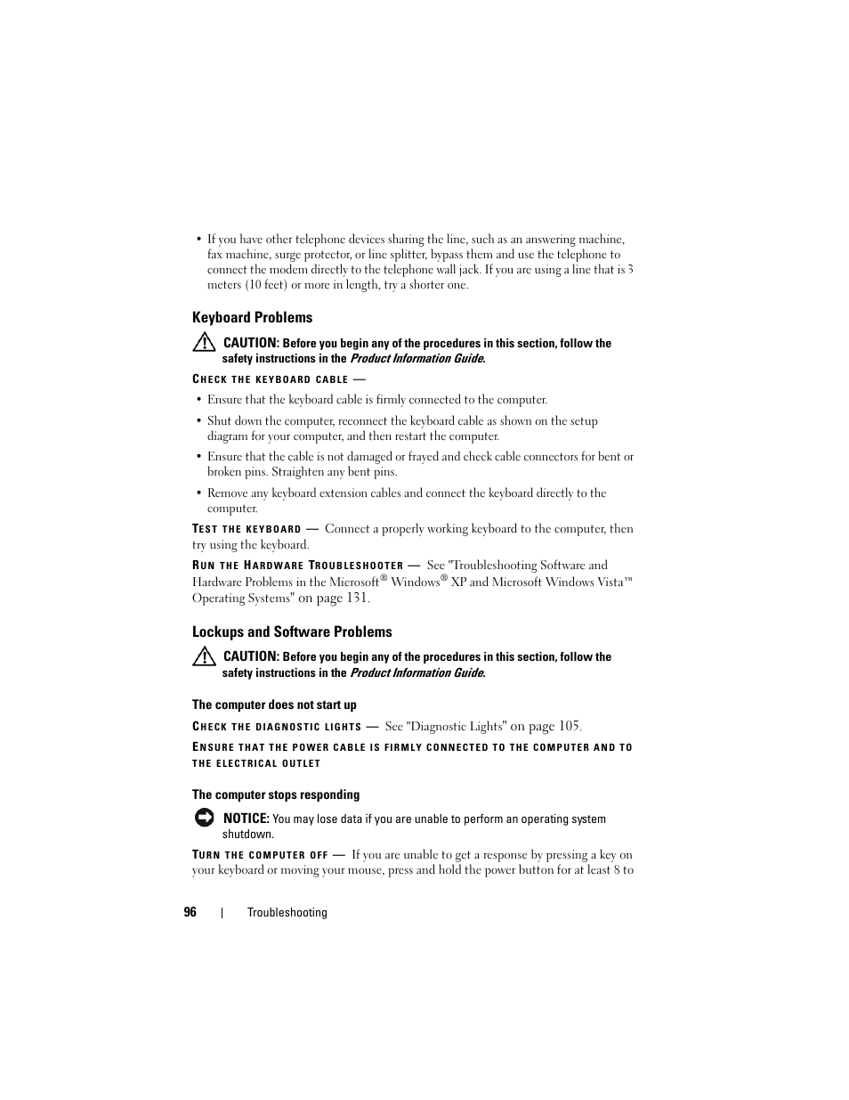 Keyboard problems, Lockups and software problems | Dell Precision T7400 (Late 2007) User Manual | Page 96 / 307