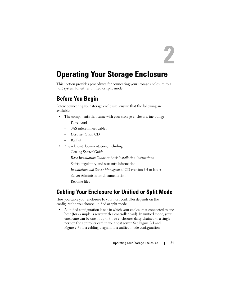 Operating your storage enclosure, Before you begin, Cabling your enclosure for unified or split mode | Dell PowerVault MD1120 User Manual | Page 21 / 72