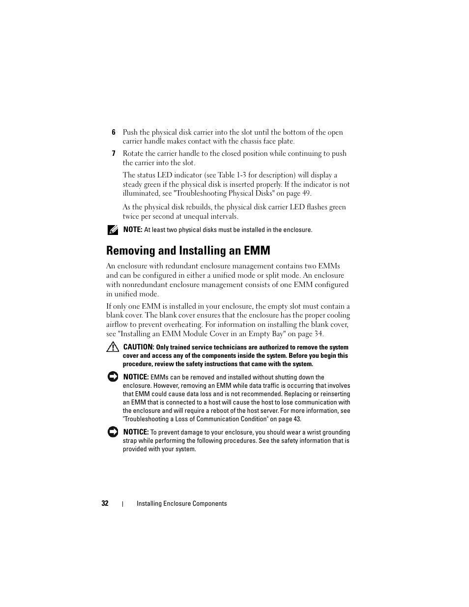Removing and installing an emm | Dell PowerVault MD1120 User Manual | Page 32 / 72