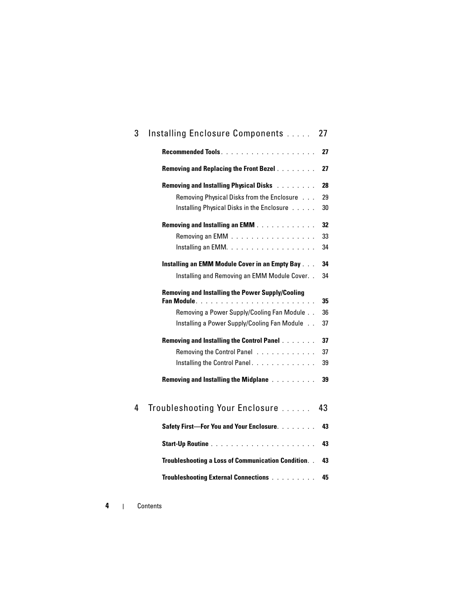 3 installing enclosure components, 4 troubleshooting your enclosure | Dell PowerVault MD1120 User Manual | Page 4 / 72
