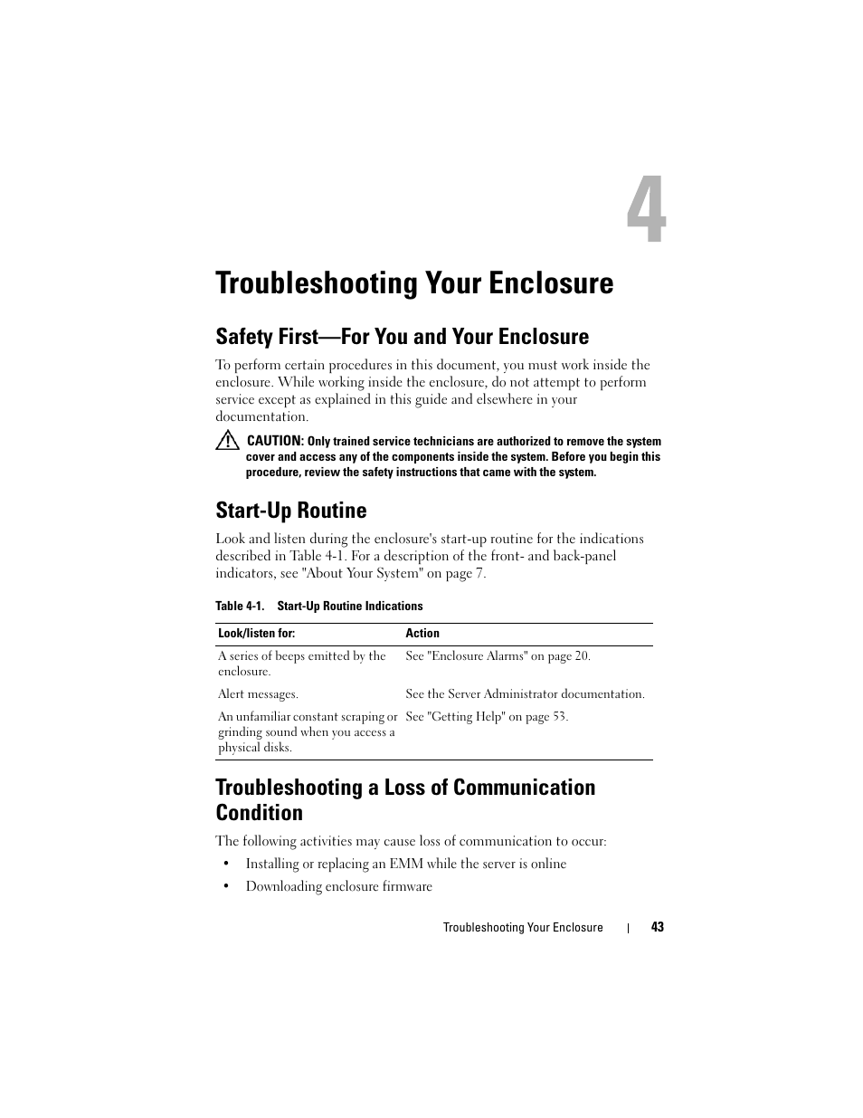 Troubleshooting your enclosure, Safety first—for you and your enclosure, Start-up routine | Troubleshooting a loss of communication condition | Dell PowerVault MD1120 User Manual | Page 43 / 72