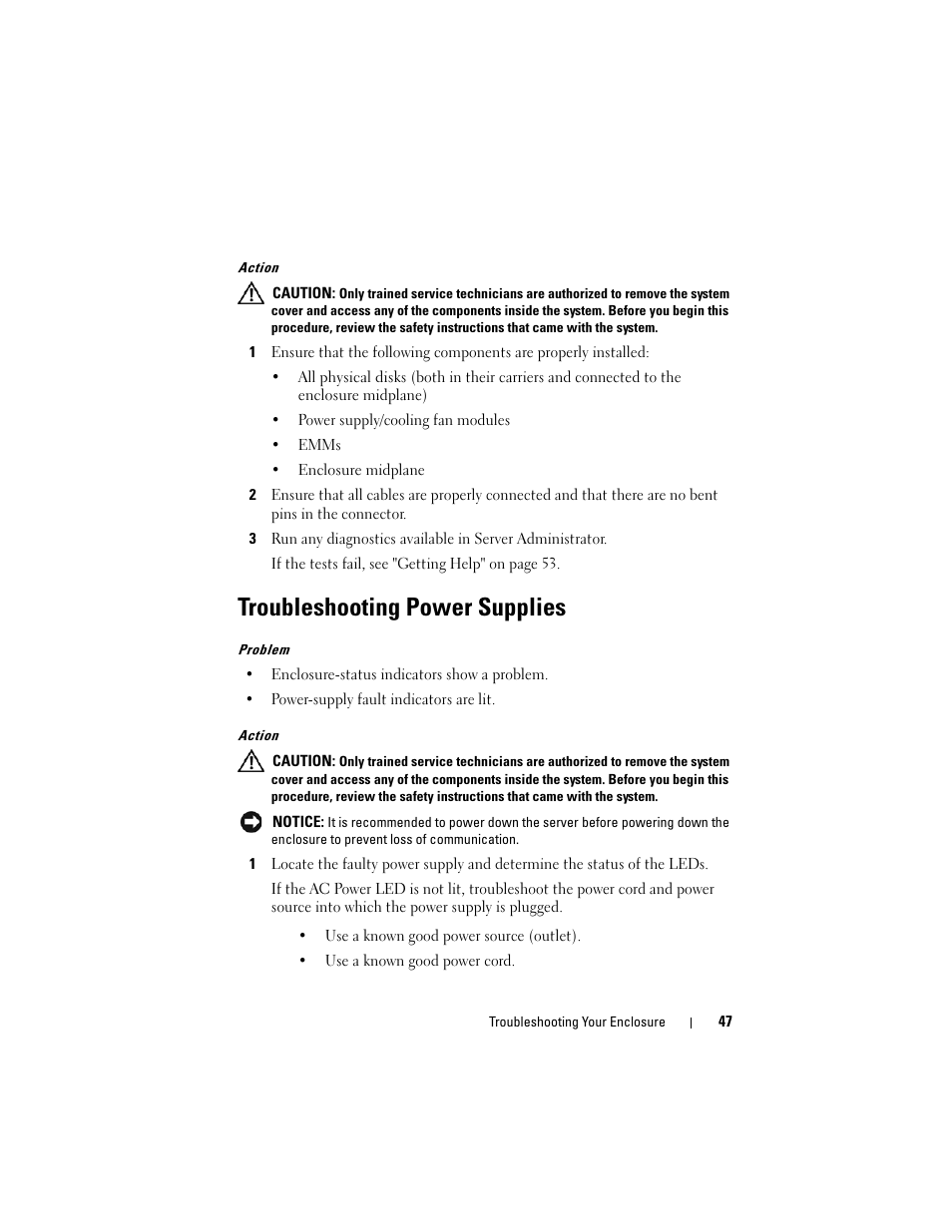 Troubleshooting power supplies | Dell PowerVault MD1120 User Manual | Page 47 / 72