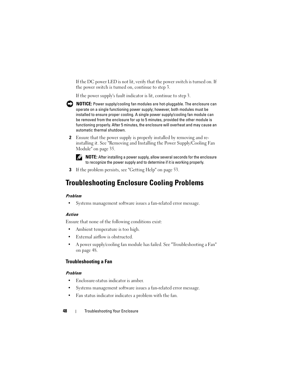 Troubleshooting enclosure cooling problems | Dell PowerVault MD1120 User Manual | Page 48 / 72