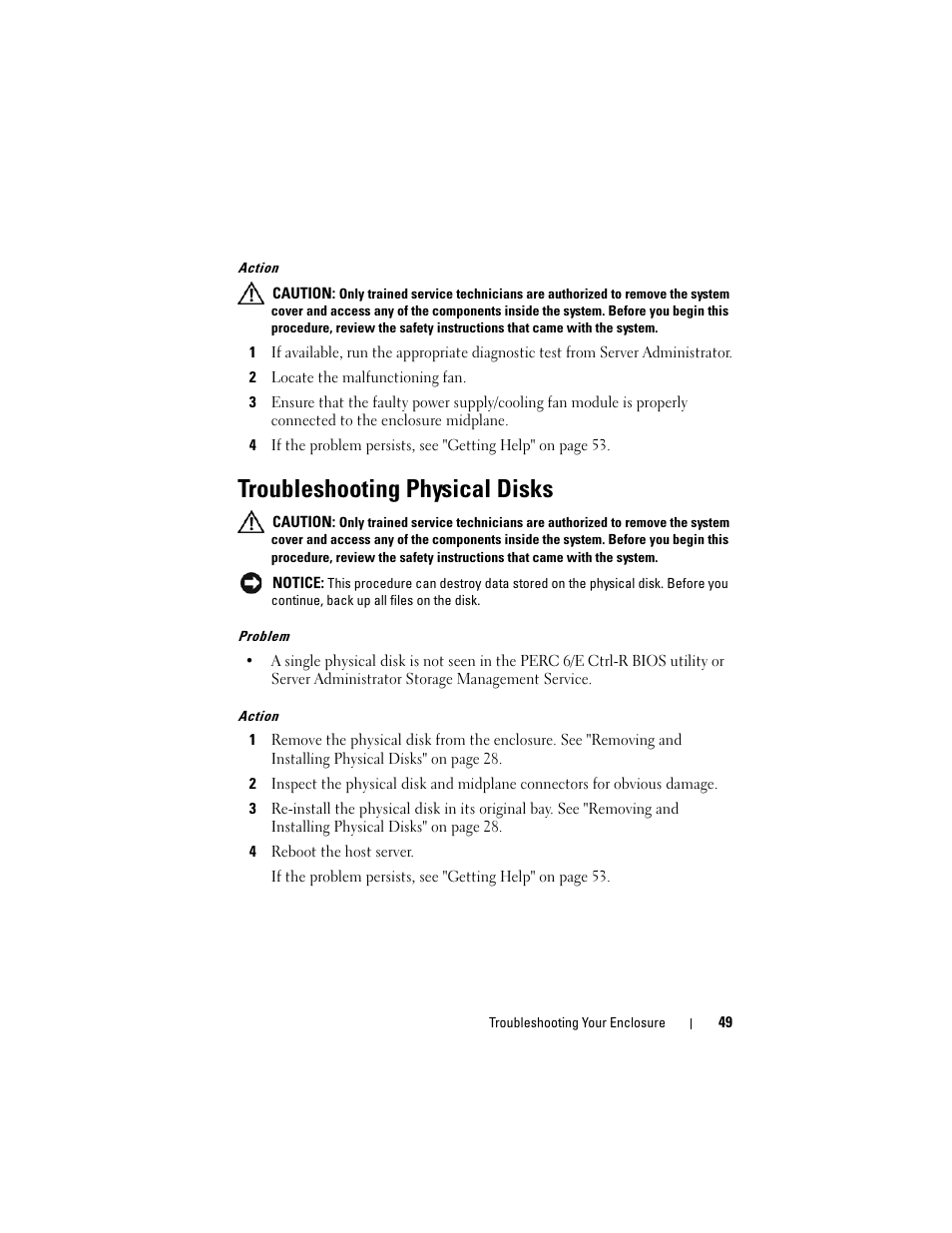 Troubleshooting physical disks | Dell PowerVault MD1120 User Manual | Page 49 / 72