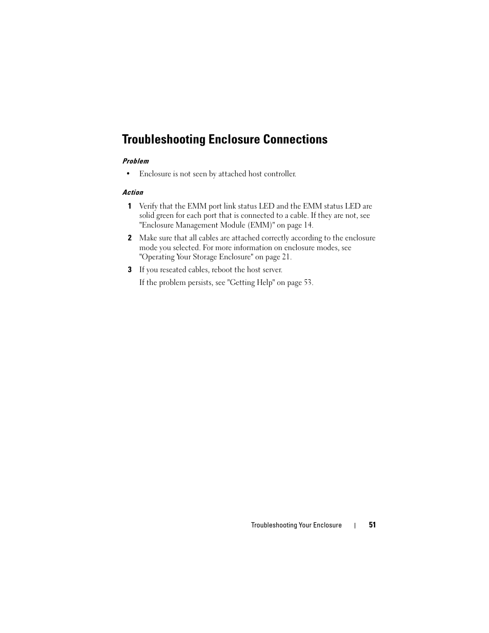 Troubleshooting enclosure connections | Dell PowerVault MD1120 User Manual | Page 51 / 72