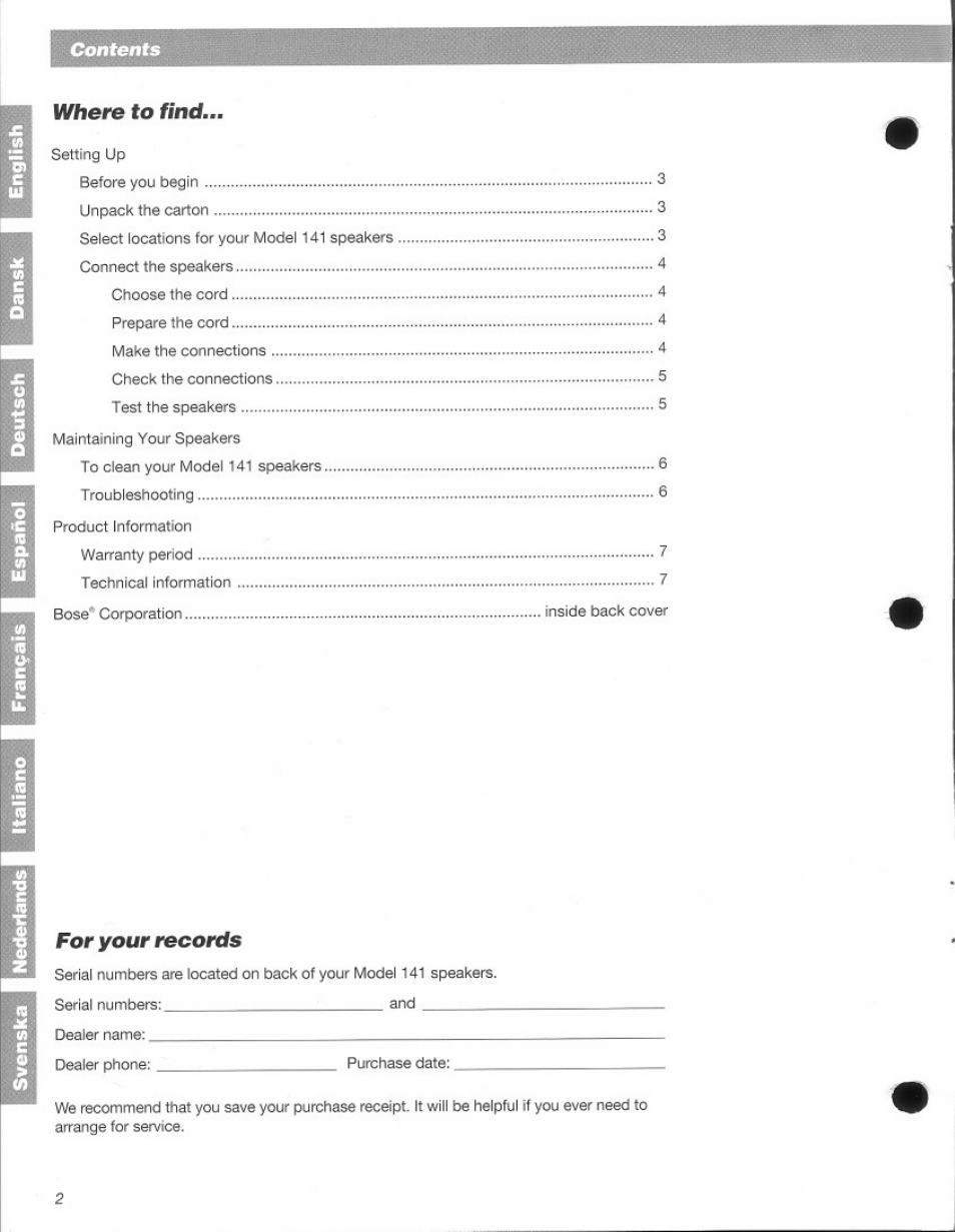 Where to find, For your records | Bose 141 User Manual | Page 2 / 9
