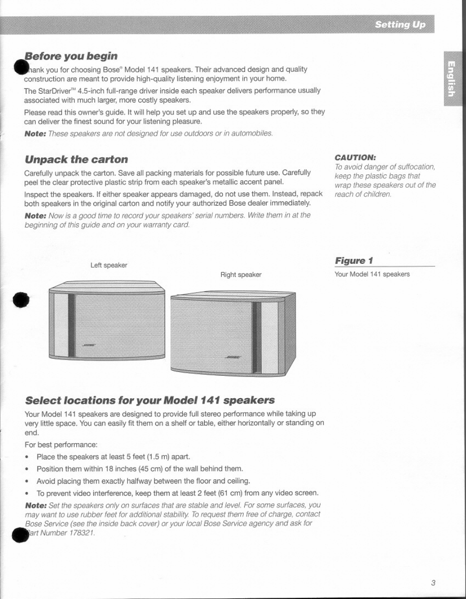 Before you begin, Unpack the carton, Select locations for your model 141 speakers | Bose 141 User Manual | Page 3 / 9