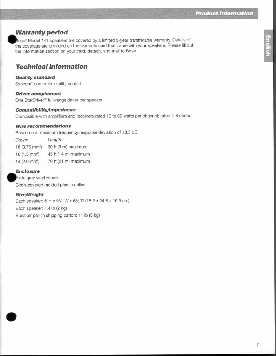 Warranty period, Technical information | Bose 141 User Manual | Page 7 / 9