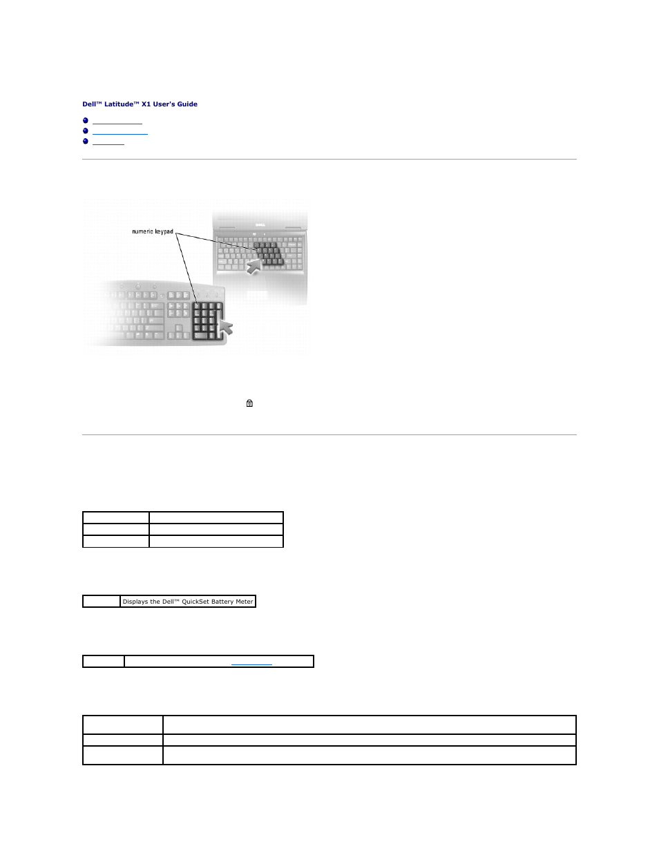 Using the keyboard and touch pad, Numeric keypad, Key combinations | System functions, Battery, Cd or dvd tray, Display functions | Dell Latitude X1 User Manual | Page 40 / 82