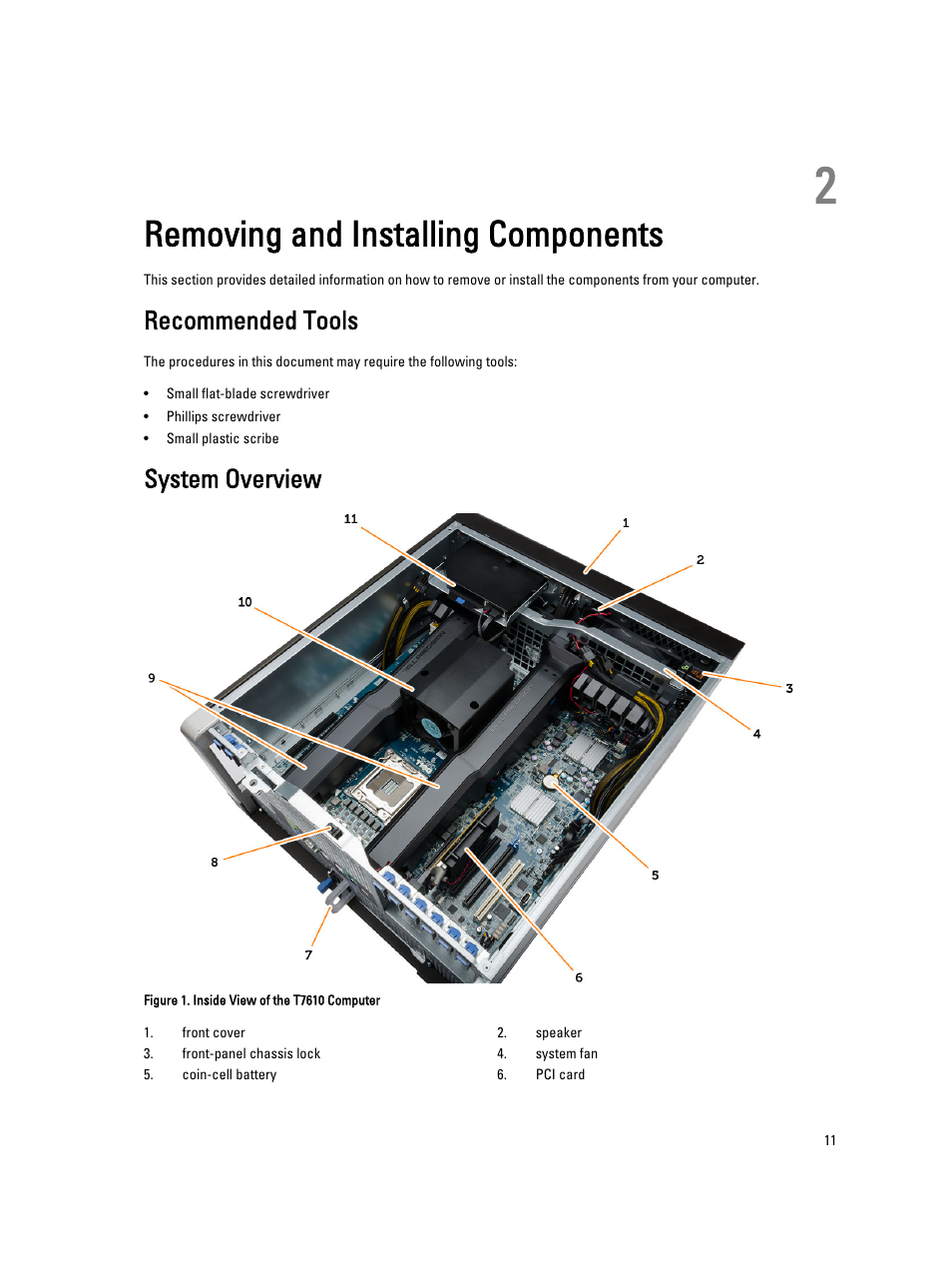 Removing and installing components, Recommended tools, System overview | 2 removing and installing components | Dell Precision T7610 (Late 2013) User Manual | Page 11 / 81