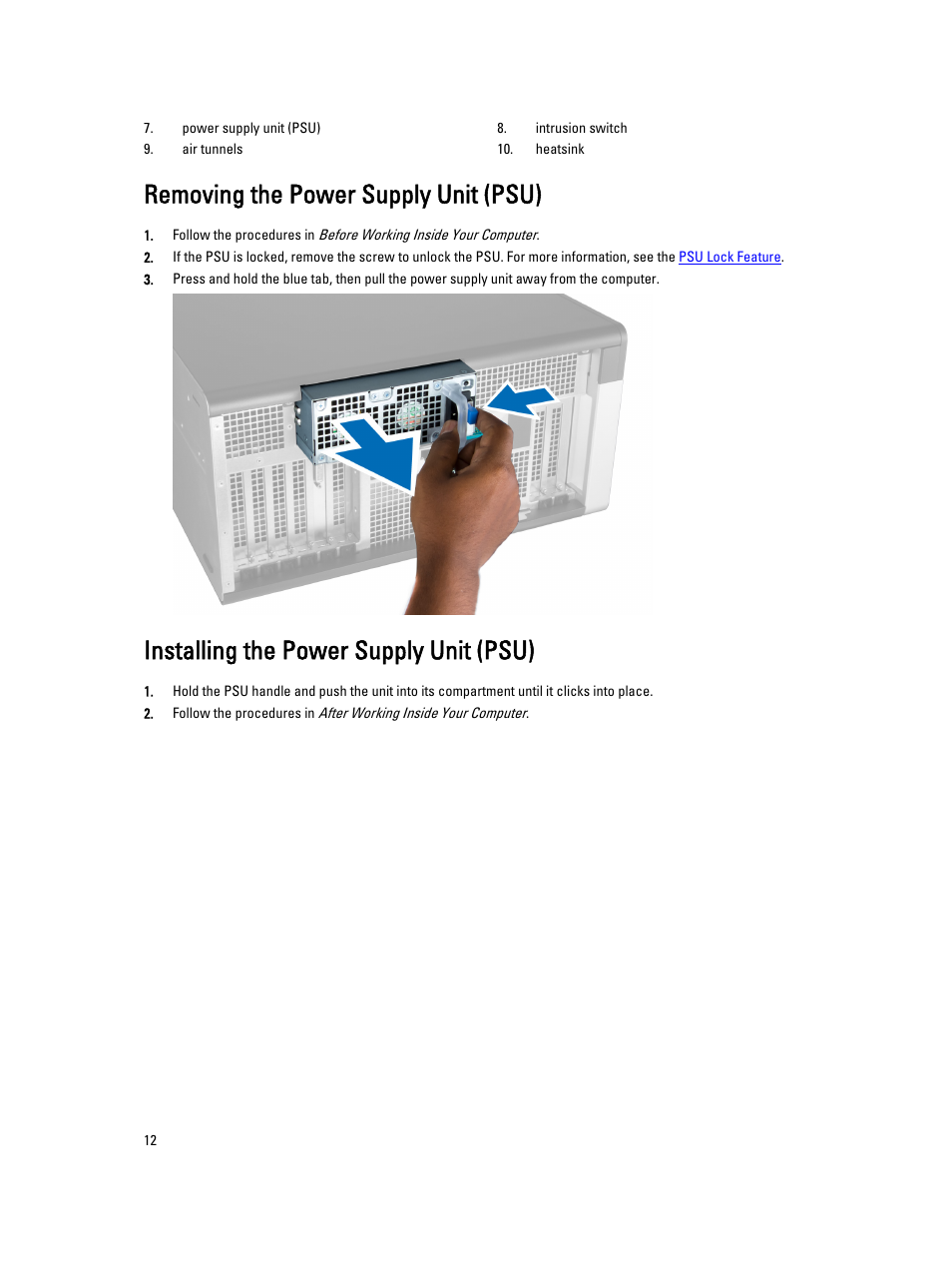 Removing the power supply unit (psu), Installing the power supply unit (psu) | Dell Precision T7610 (Late 2013) User Manual | Page 12 / 81