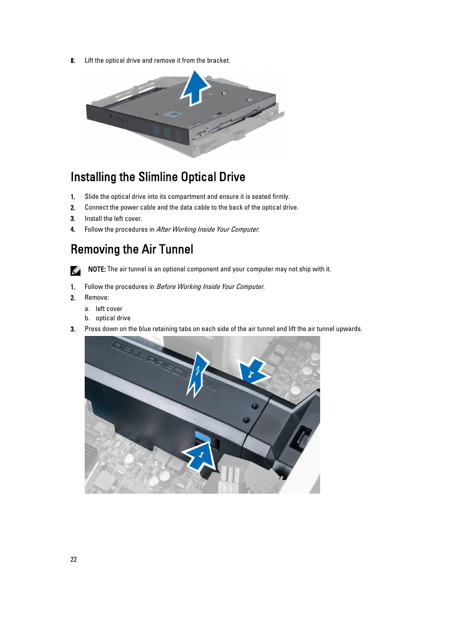 Installing the slimline optical drive, Removing the air tunnel | Dell Precision T7610 (Late 2013) User Manual | Page 22 / 81