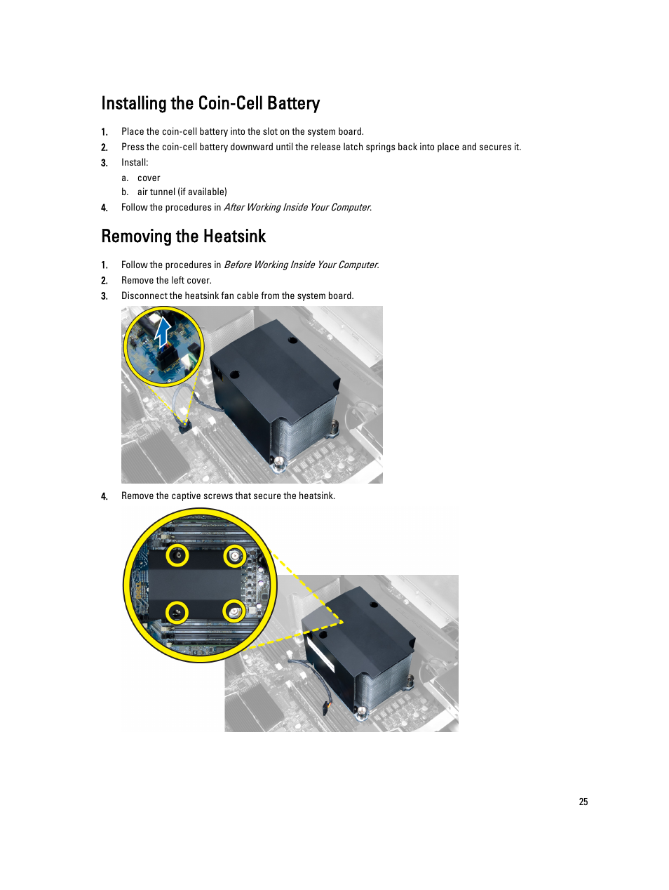 Installing the coin-cell battery, Removing the heatsink | Dell Precision T7610 (Late 2013) User Manual | Page 25 / 81