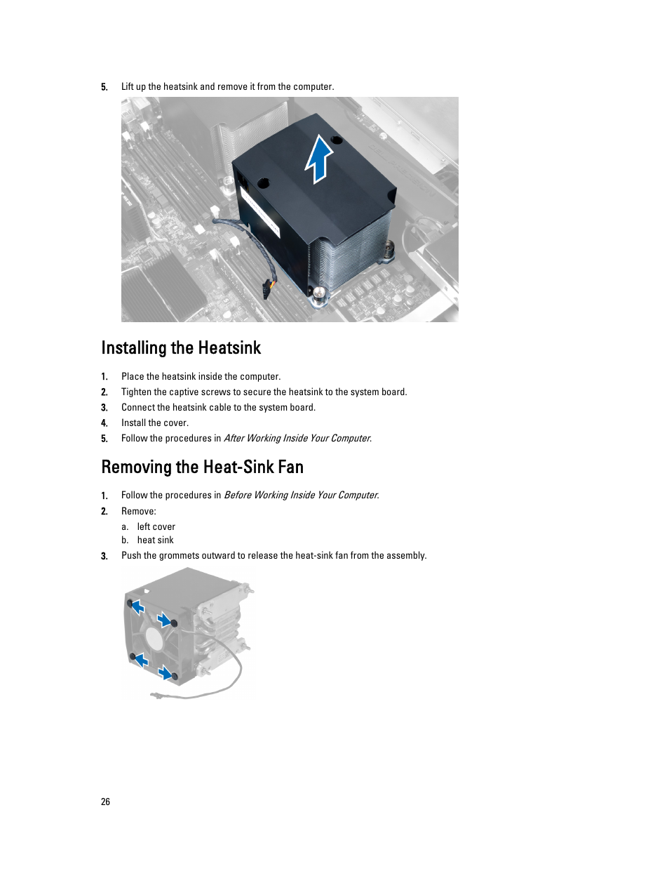 Installing the heatsink, Removing the heat-sink fan | Dell Precision T7610 (Late 2013) User Manual | Page 26 / 81