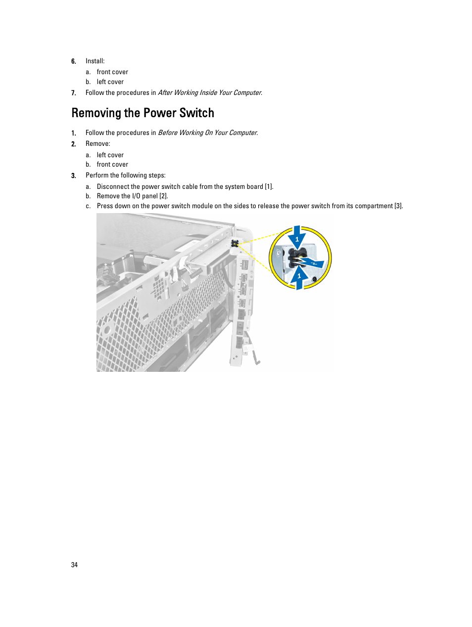 Removing the power switch | Dell Precision T7610 (Late 2013) User Manual | Page 34 / 81