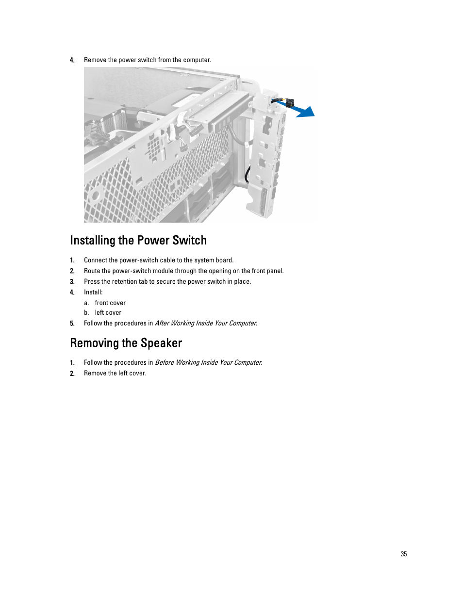 Installing the power switch, Removing the speaker | Dell Precision T7610 (Late 2013) User Manual | Page 35 / 81