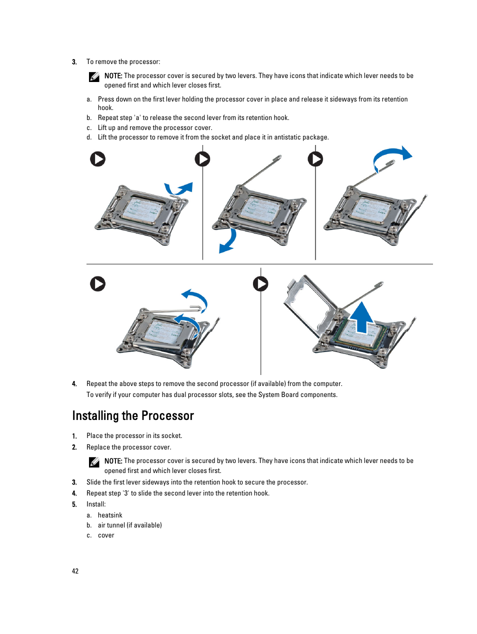 Installing the processor | Dell Precision T7610 (Late 2013) User Manual | Page 42 / 81