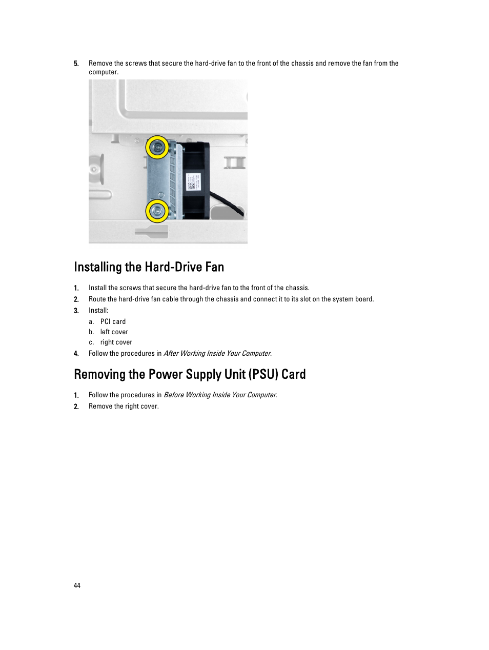 Installing the hard-drive fan, Removing the power supply unit (psu) card | Dell Precision T7610 (Late 2013) User Manual | Page 44 / 81