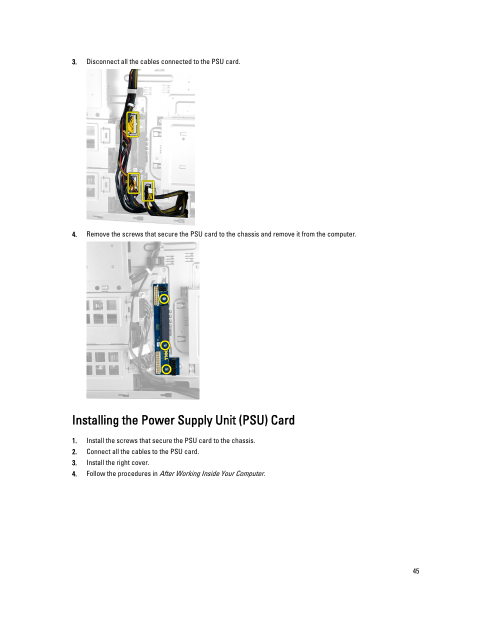 Installing the power supply unit (psu) card | Dell Precision T7610 (Late 2013) User Manual | Page 45 / 81