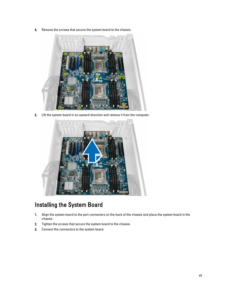 Installing the system board | Dell Precision T7610 (Late 2013) User Manual | Page 47 / 81