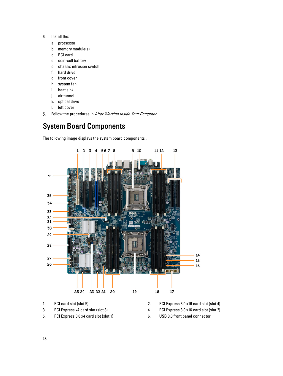 System board components | Dell Precision T7610 (Late 2013) User Manual | Page 48 / 81