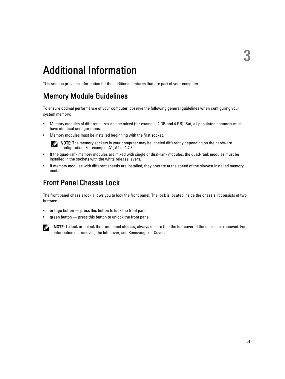 Additional information, Memory module guidelines, Front panel chassis lock | 3 additional information | Dell Precision T7610 (Late 2013) User Manual | Page 51 / 81