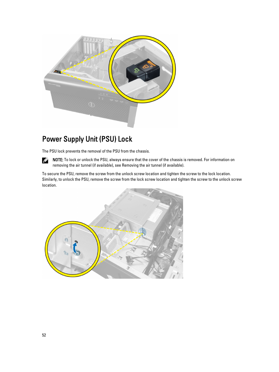 Power supply unit (psu) lock | Dell Precision T7610 (Late 2013) User Manual | Page 52 / 81
