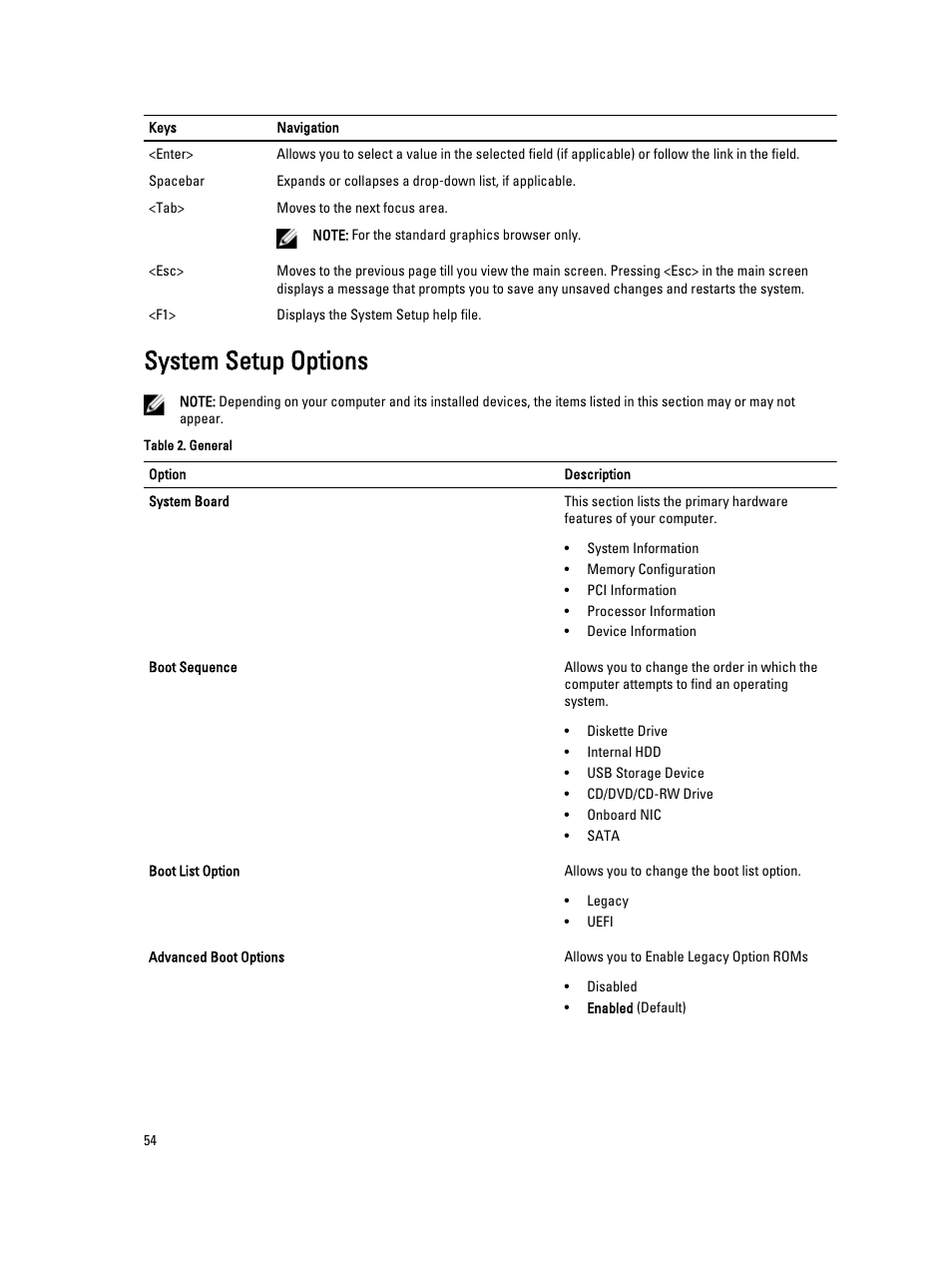 System setup options | Dell Precision T7610 (Late 2013) User Manual | Page 54 / 81