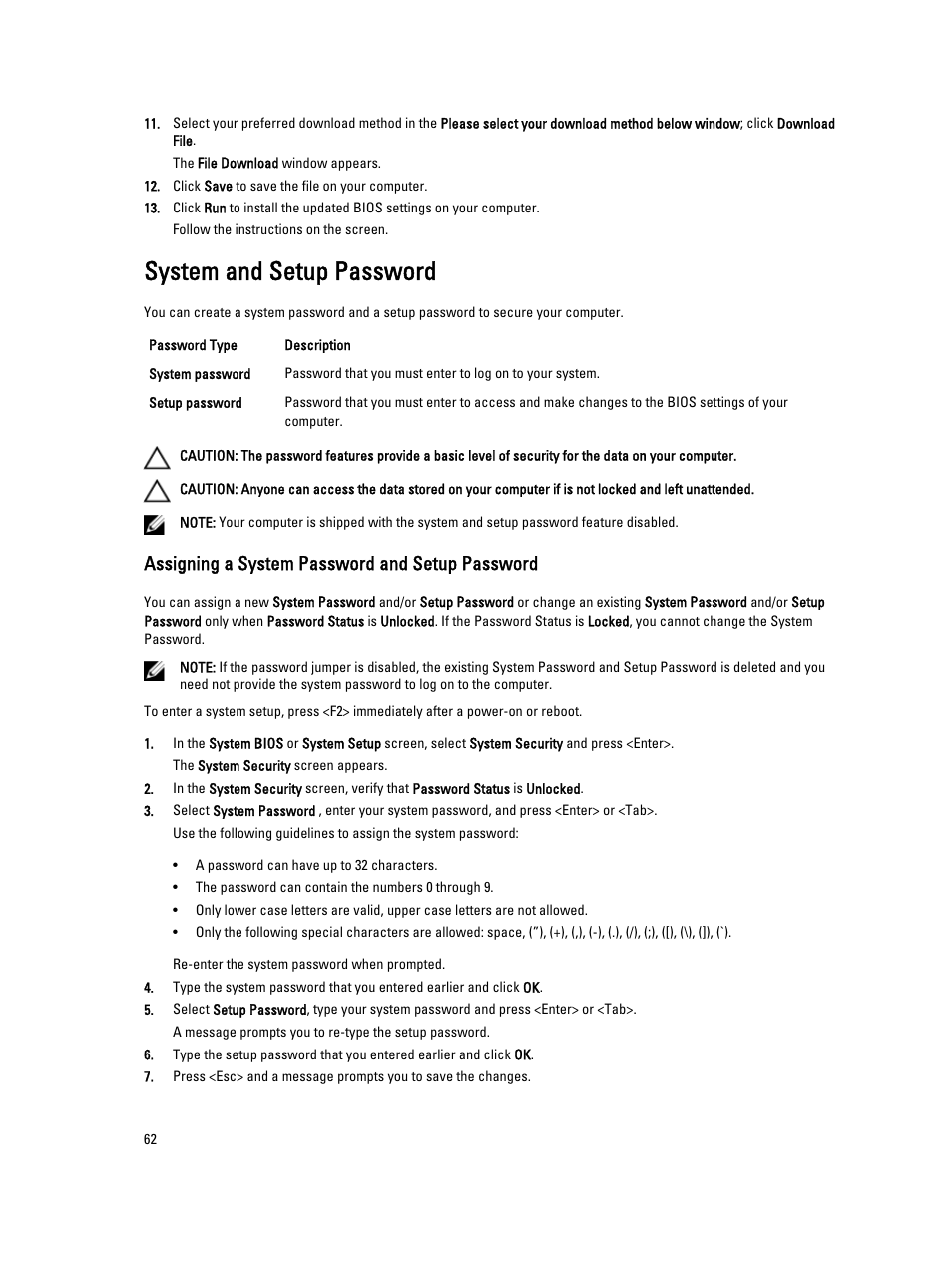 System and setup password, Assigning a system password and setup password | Dell Precision T7610 (Late 2013) User Manual | Page 62 / 81