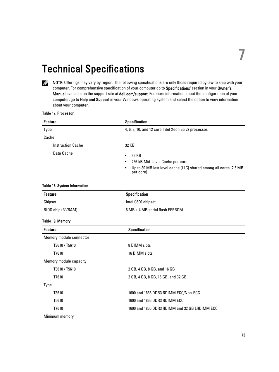 Technical specifications | Dell Precision T7610 (Late 2013) User Manual | Page 73 / 81