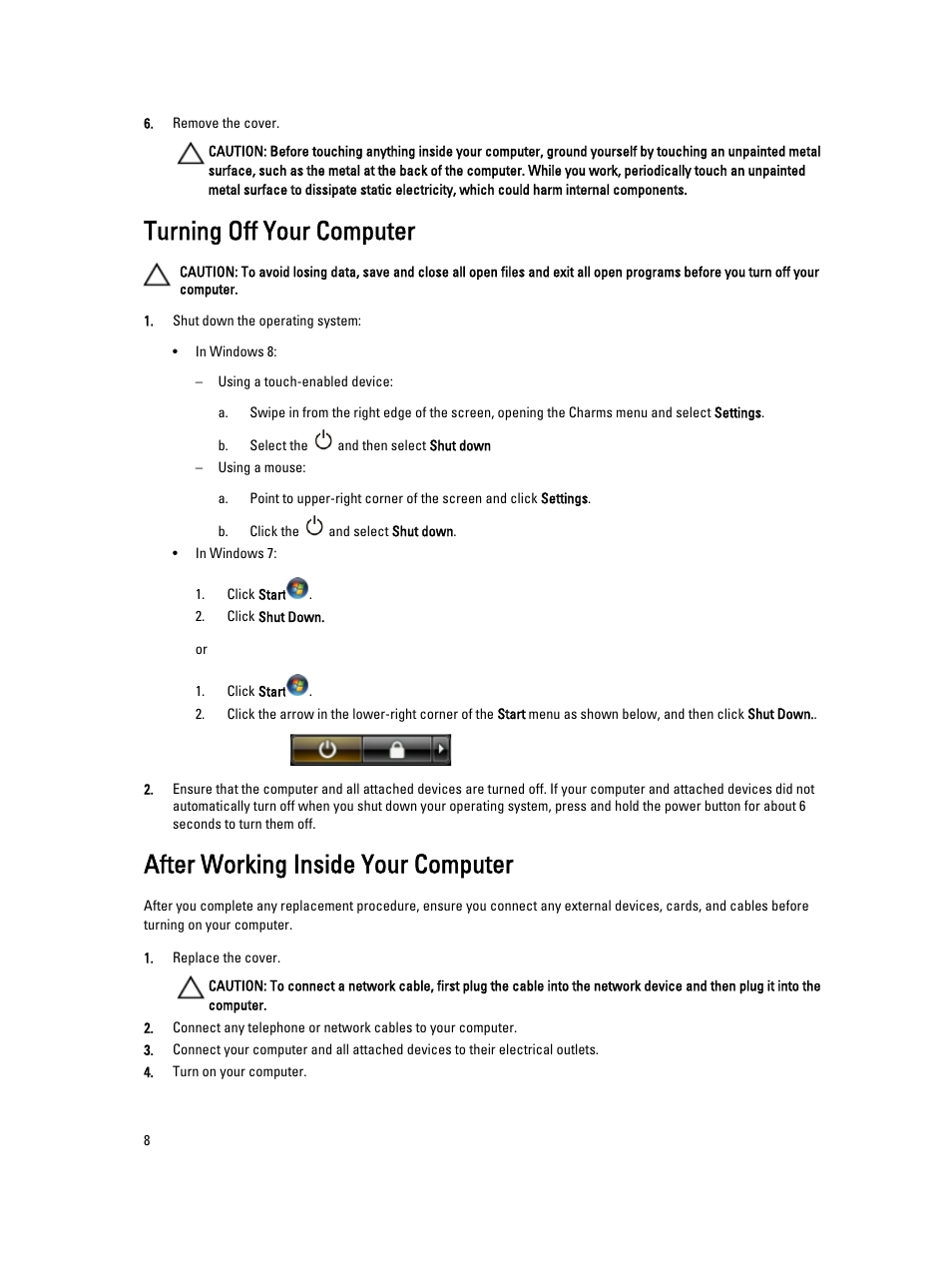 Turning off your computer, After working inside your computer | Dell Precision T7610 (Late 2013) User Manual | Page 8 / 81