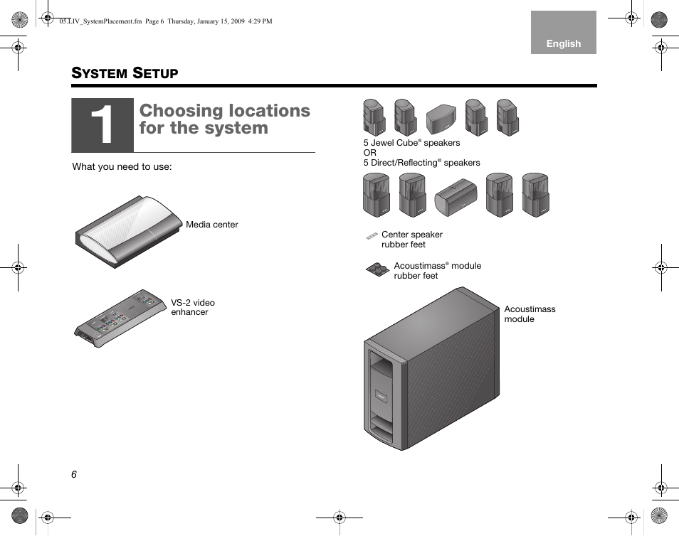 Ystem, Etup, Choosing locations for the system | Bose AM314478 User Manual | Page 10 / 260