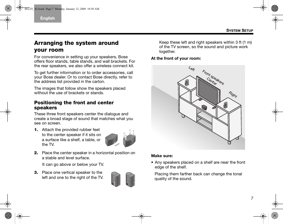 Arranging the system around your room, Positioning the front and center speakers | Bose AM314478 User Manual | Page 11 / 260