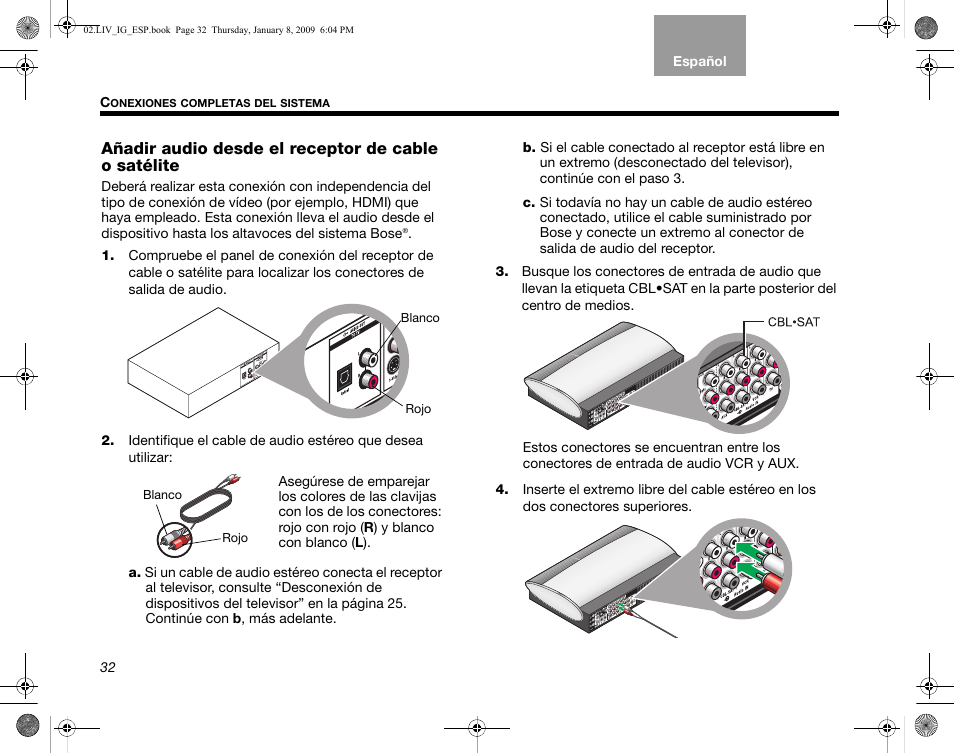 Añadir audio desde el receptor de cable o satélite | Bose AM314478 User Manual | Page 122 / 260