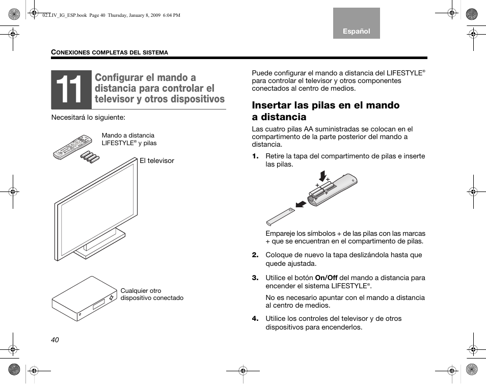 Insertar las pilas en el mando a distancia | Bose AM314478 User Manual | Page 130 / 260
