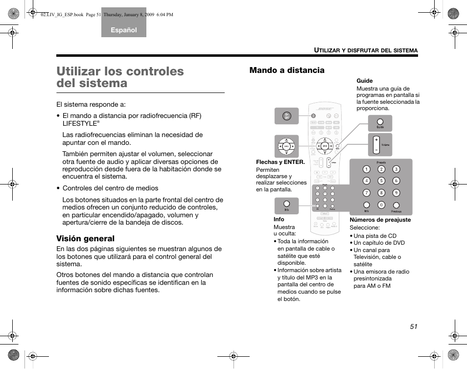 Utilizar los controles del sistema, Visión general, Mando a distancia | Bose AM314478 User Manual | Page 141 / 260