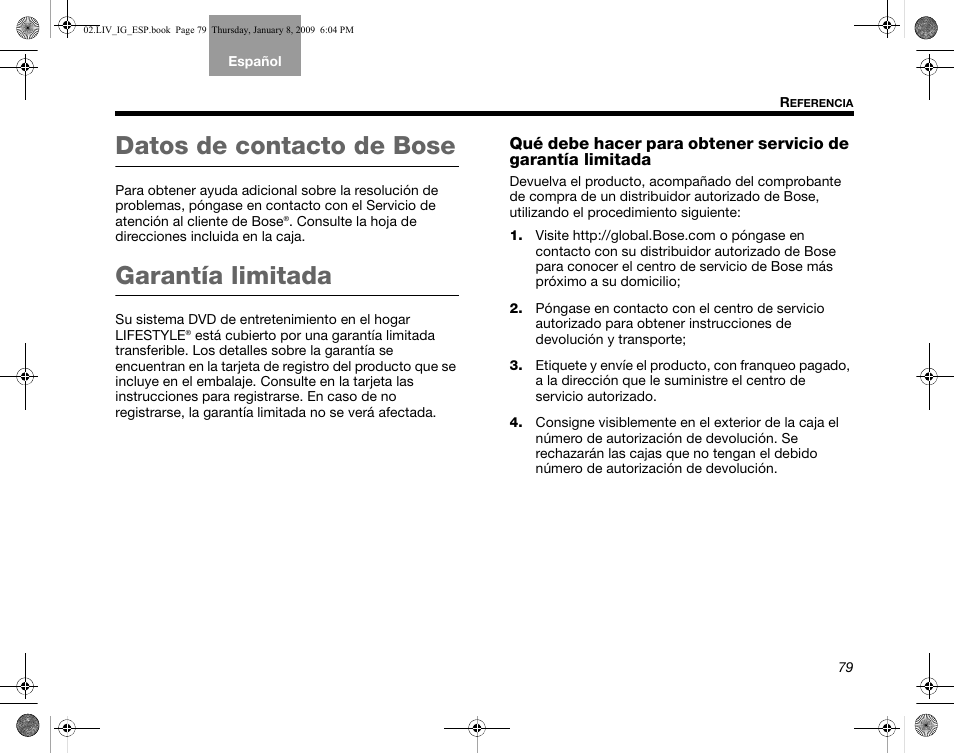 Datos de contacto de bose, Garantía limitada | Bose AM314478 User Manual | Page 169 / 260