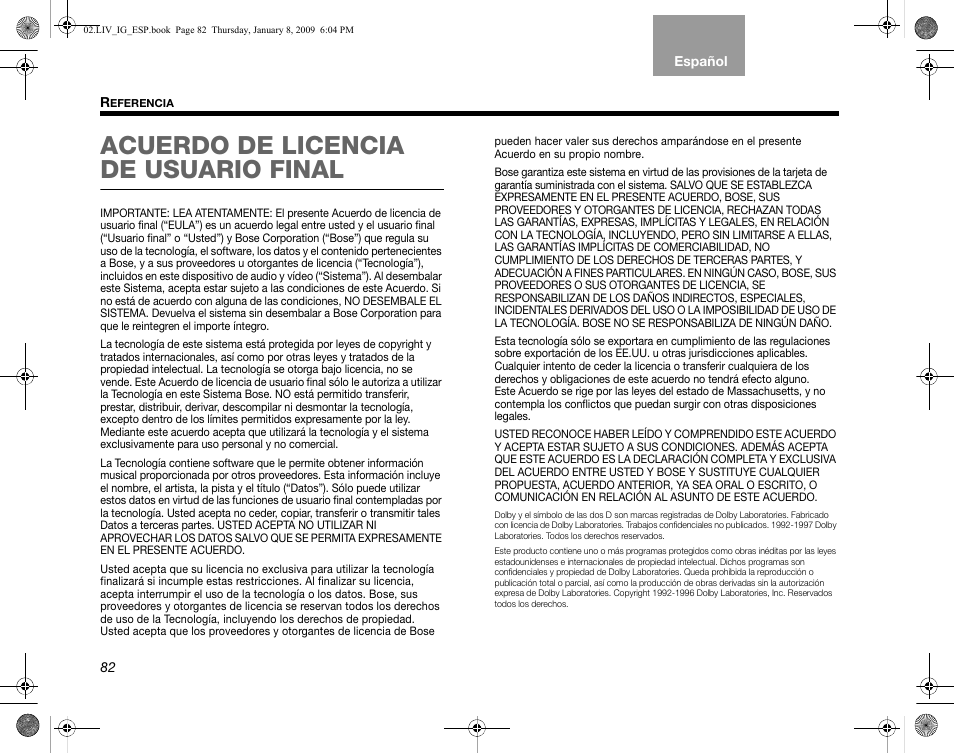 Acuerdo de licencia de usuario final | Bose AM314478 User Manual | Page 172 / 260